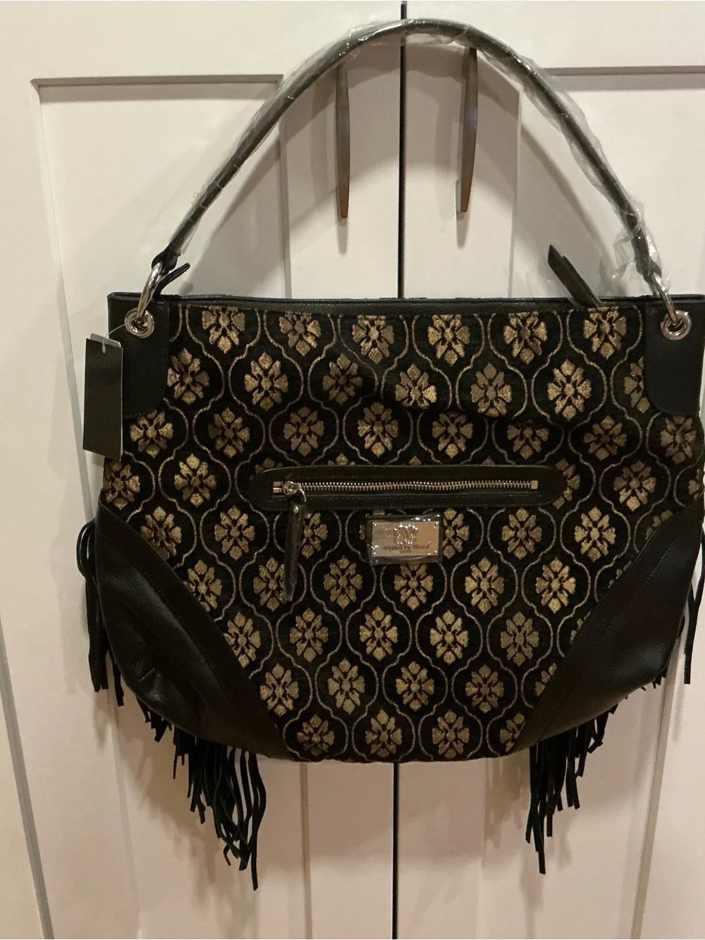 Sharif NY tapestry velvet tassel studs tote purse shoulder bag